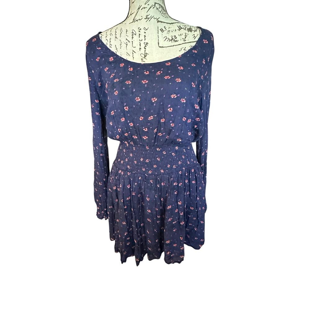 Kimchi Navy Floral Boho Smocked Waist Mini Dress Size M Coquette IndieSleaze